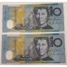 AUSTRALIA 1998 . TEN 10 DOLLAR BANKNOTES . ERROR . CONSEC PAIR . ORANGE MISSING ON 2 NOTES